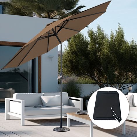 2.7M Taupe Round Garden Parasol Patio Crank Tilt Umbrella  w/ Base Cover (1/5)
