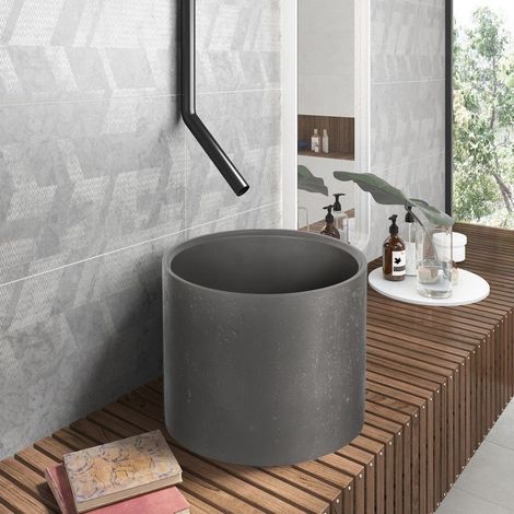 Lavabo da appoggio cilindrico alto con finitura terrazzo grigio cemento KTERC-400GR kamalu