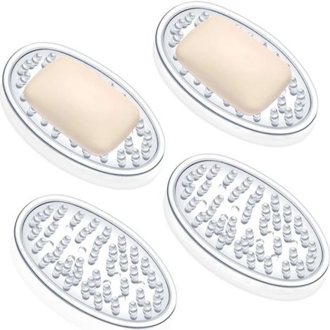Plastic soap dish with holes, sponge holder for kitchen, bathroom, shower counter, 11.4 x 7.6 x 1.8 cm (transparent, 4 pieces)