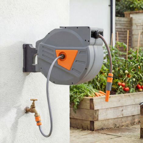 Enrouleur Tuyau Arrosage Mural 40+2 m x Ø 15mm, Dévidoir de Tuyaux d'Eau Rétractable Automatique Pivotant à 180°, Orange (1/5)