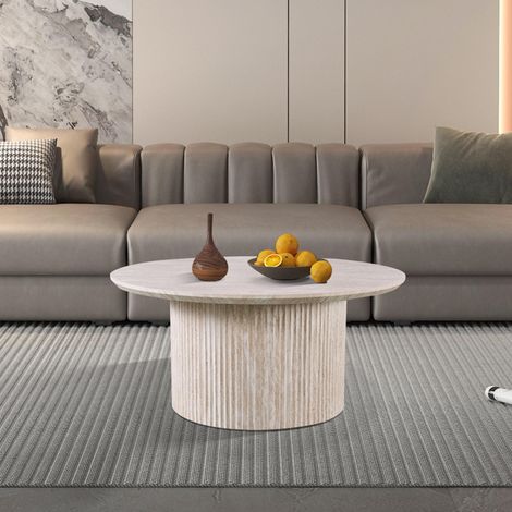 M&S – Table basse ronde 80x80x38 cm décor travertin beige – Panneaux de particules – Épaisseur plateau 2,5 cm – Poids 18 kg