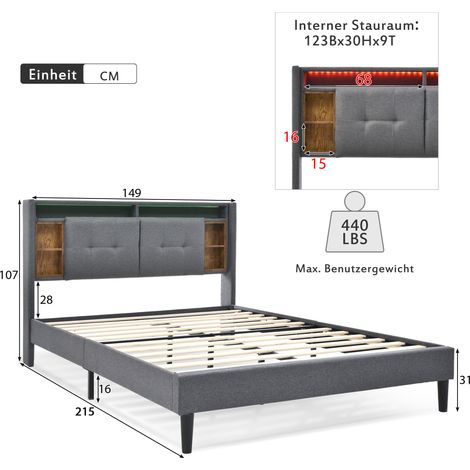 Letto Matrimoniale 140 x 200 cm con Contenitore, USB, Prese e LED, Testiera con Vani, senza Materasso (1/4)