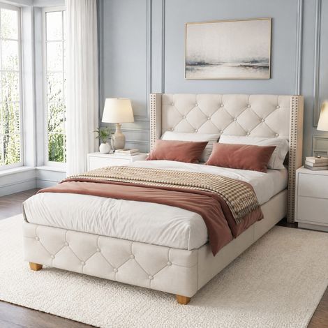 Lit 90x200 capitonné avec tête de lit en lin beige HAVRYA (1/5)
