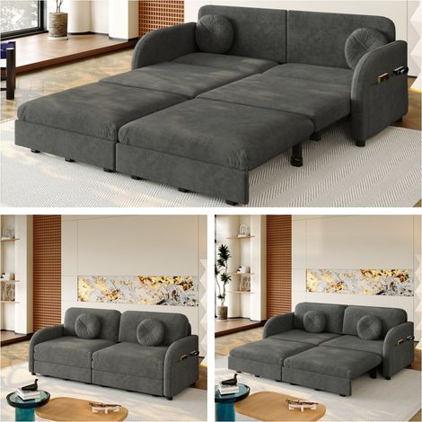 Canapé convertible 2 places 166 cm, 3-en-1 extensible avec rangement, couchage double, coussins amovibles, chenille, gris (1/5)