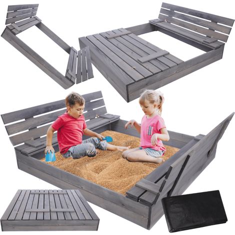 MODO24 Bac à sable en bois de jardin 140x137 cm, couvercle 2-en-1, bancs dossier, agrofibre incluse, gris imprégné