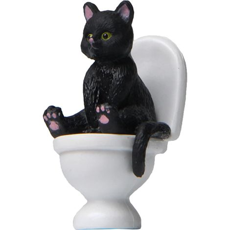 Statue en résine Chat assis sur toilettes, Figurine miniature décor animal, Ornement noir, Sculpture décor intérieur, Cadeau original (1/5)