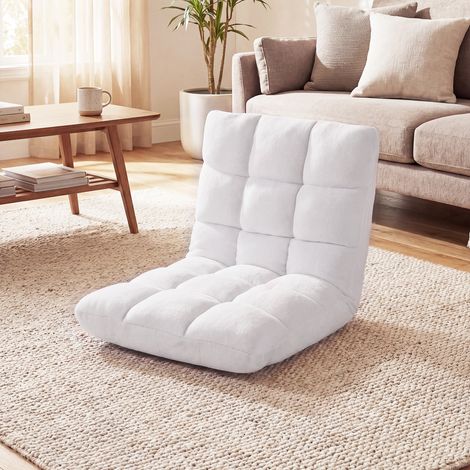 Fauteuil de Sol Pliable en Flanelle, Canapé Paresseux Tatami Convertible Dossier Réglable 14 Positions, Blanc, 66,5 x 53 x 53 cm (1/5)