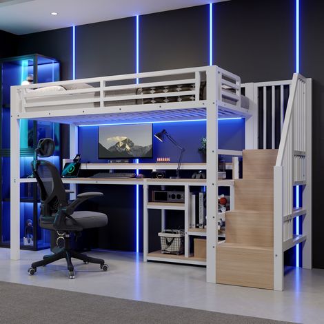 Lit mezzanine 90x200 cm en métal blanc avec échelle de rangement, étagère intégrée, LED, USB/Type-C, garde-corps et cadre métallique robuste (1/5)