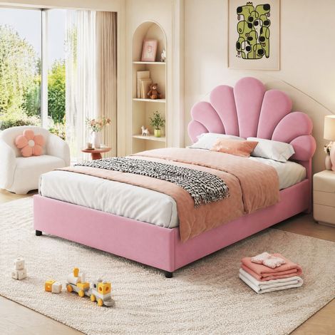 Lit coffre 90x200 velours rose tête de lit fleur HAVRYA (1/5)
