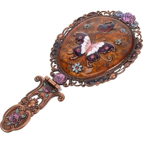 Miroir à Main Vintage de Maquillage Pliable en métal Miroir décoratif Compact Portable avec poignée en Relief pour Salon de Maquillage (1/5)