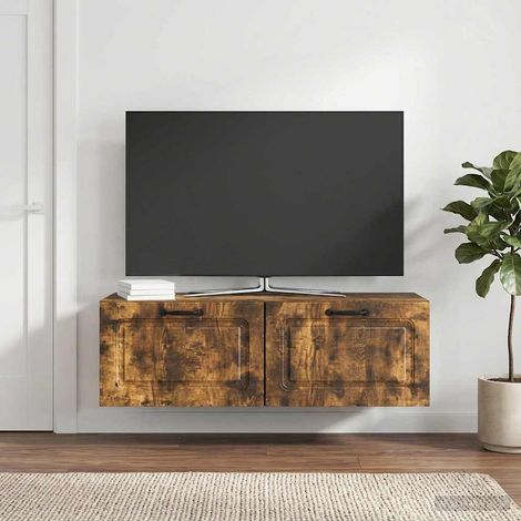 Meuble TV mural avec rangement, bois d'ingénierie chêne fumé, 98 x 31 x 30 cm - PANGIVO (1/5)