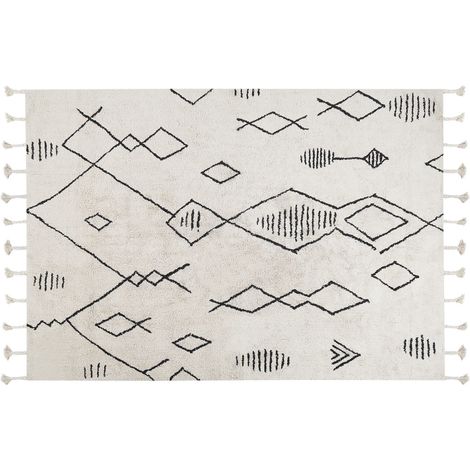 Alfombra de algodón blanco crema negro 140 x 200 cm geométrico oriental Kebir