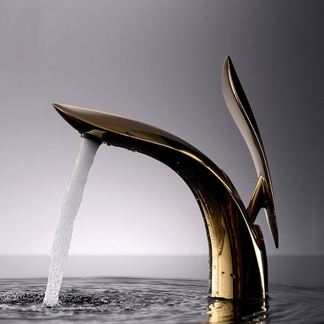 Robinet de Lavabo Bas en Titane Doré, Mitigeur Eau Froide et Chaude, Salle de Bain (1/5)