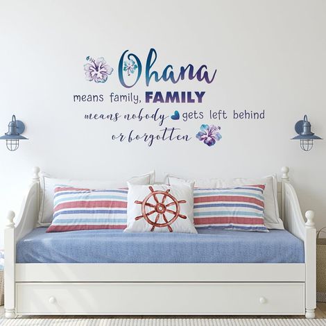 Lot de 2 feuilles de stickers muraux « Ohana signifient famille » avec motif fleur d'hibiscus amovible et autocollant pour salon, chambre à coucher, canapé, TV, couloir, mur photo, décoration (1/5)