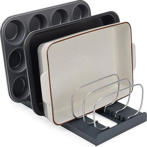 Boîte de rangement de cuisine, rangement gril, casserole, couvercle, planche à découper avec 7 compartiments réglables, couleur anthracite (1/5)