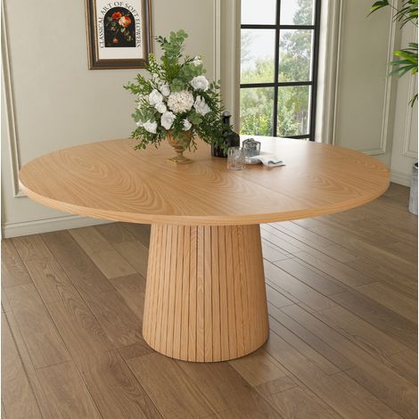 Mesa de comedor redonda de 110 cm estilo rústico, tablero MDF chapado roble, base cilíndrica (1/5)