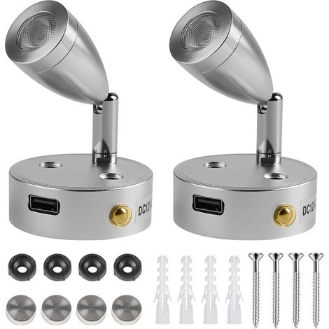 Lot de 2 Spot LED 12V, Rotation 360°, Interrupteur Tactile, USB, Camping Car (1/5)