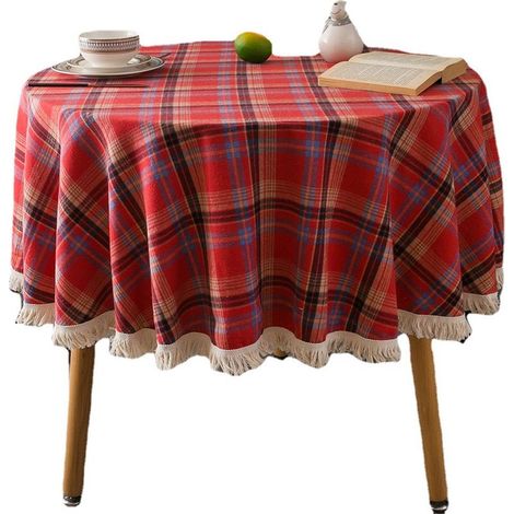 Nappe ronde à carreaux et pompons blancs - Motif à carreaux rouges tissés + pompons blancs - 150 cm (1/5)