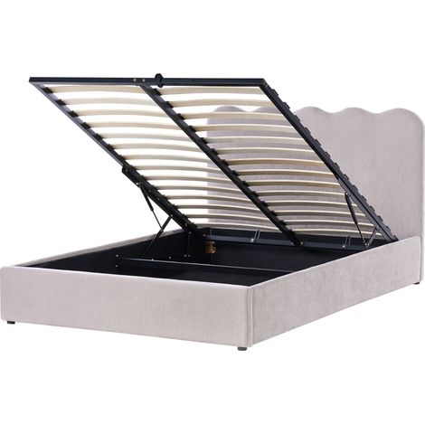 Cama con somier tapizado de chenilla 140 x 200 cm con cabecero espacio almacenaje elevable gris pardo Nanterre