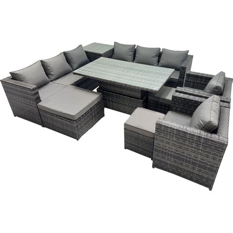 Fimous 11 Seater Outdoor Corner Sofa Height Adjustable Rising Lifting Table Set Garden Rattan Furniture Set with Side Table 3 Stool Dark Grey (1/5)