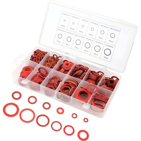 Set mit 600 flachen, roten Stahlscheiben, 12 Größen, Isolierscheiben-Set für Fasern, Sortiment mit Box (1/5)