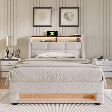Cama con almacenamiento tapizada en lino beige claro 90x200 cm, con LED, 2 USB, somier de láminas y colchón (1/5)