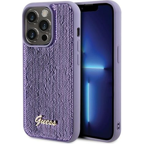Custodia per iPhone 15 Pro Max con scritta Guess e paillettes in metallo viola (1/5)