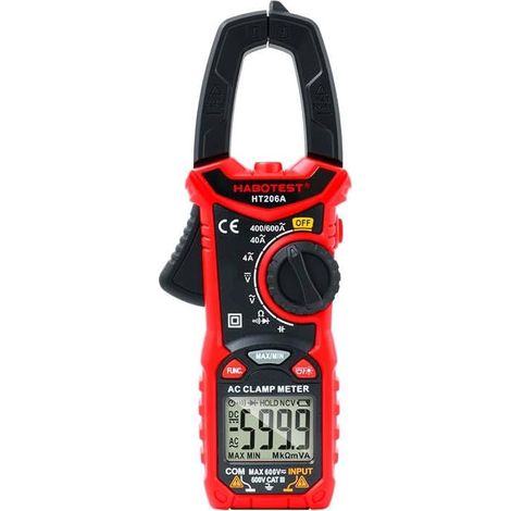 Pinza amperimétrica digital portátil LCD HT206A para medición de voltaje, corriente y resistencia CA y CC multímetro portátil con pantalla de dos líneas