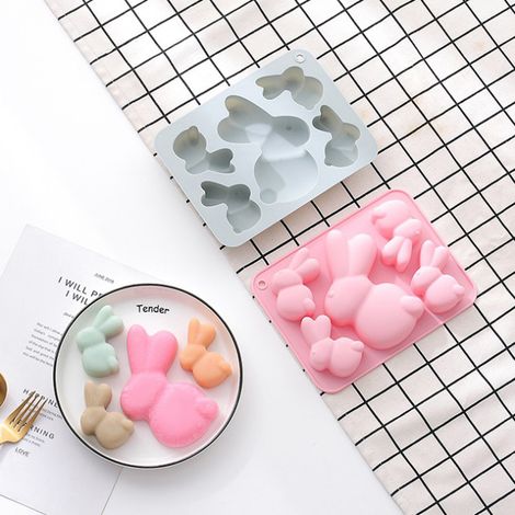 Osterform aus Silikon, 3D-Hasenmotiv, 5 Mulden, hitzebeständig, für Schokoladen-, Gelee- und Kuchenkuchen sowie Osterdesserts (1/4)