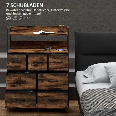 Commode en tissu marron, 7 tiroirs pliables, 2 étagères, structure en acier robuste