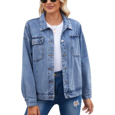 Veste En Jean - Manches Longues - Poche Poitrine - Pour Bureau Et Extérieur - Bleu - Taille M (1/5)