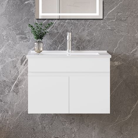 Ocean 59x38.5x40cm Meuble de salle de bain, meuble sous vasque, avec vasque en céramique, double porte, suspendu, blanc