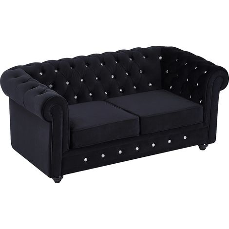 Canapé 2 places en velours noir et boutons effet cristal CHESTERFIELD (1/5)