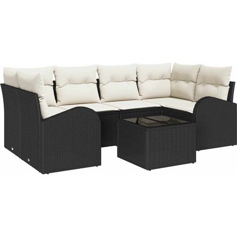 Garden Sofa Set with Storage 7 pcs Black and Cream Poly Rattan vidaXL