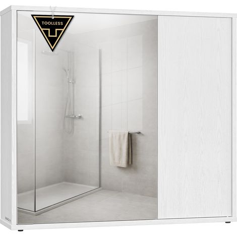 SONGMICS HOME Mobiletto da Bagno con Specchio, Snapsemble Montaggio Rapido, Specchio con Vano Contenitore, Ripiani Regolabili e Ante, Moderno, 15 x 60 x 55 cm, Bianco Neve BBC114WE01 (1/5)