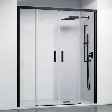 Porte de douche coulissante 2 portes coulissantes + 2 panneaux fixes -Verre trempé 6 mm -Noir Mat -Largeur ajustable 150-155 cm -Hauteur 195 cm