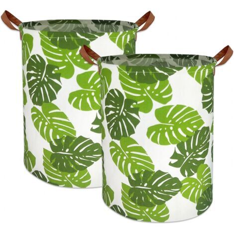 Panier à linge lot de 2 paniers à linge à feuilles vertes, panier à linge pliable avec poignées pour la maison, le bureau, la chambre à coucher (1/5)