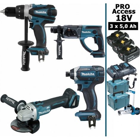 Pack Pro 18V 5Ah Li-Ion: Perceuse 91Nm DDF458 + Meuleuse 125mm DGA504 + Perforateur 2J DHR202 + Visseuse à chocs 165Nm DTD152 + (1/5)
