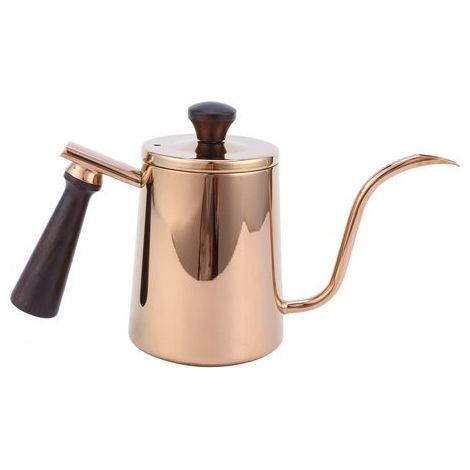 Bouilloire à café 700ml, acier inoxydable 304, bec col de cygne, verseuse goutte à goutte, manche en bois, long bec, couleur or rose (1/5)