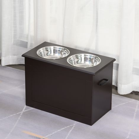 PawHut Futterstation, 2 Fressnäpfe aus Edelstahl, versteckter Stauraum, 60 cm x 30 cm x 41 cm, Schwarz + Silber