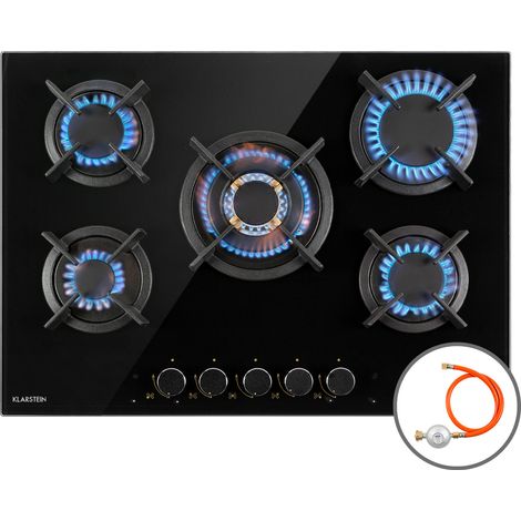 Klarstein Gas Cooker, 5 Burners Gas Hob, 10400W Built In Five Ring Electric Hob, Campervan Cooktops Gas Cookers, Stainless Steel Glass Top Wok Burner, 5 Ring Kitchen Stoves LPG Cooker Gas Burners Unit