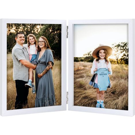 Cadre photo double 13 x 18 cm pliable en bois avec support avant en verre vertical sur le bureau Blanc (1/5)