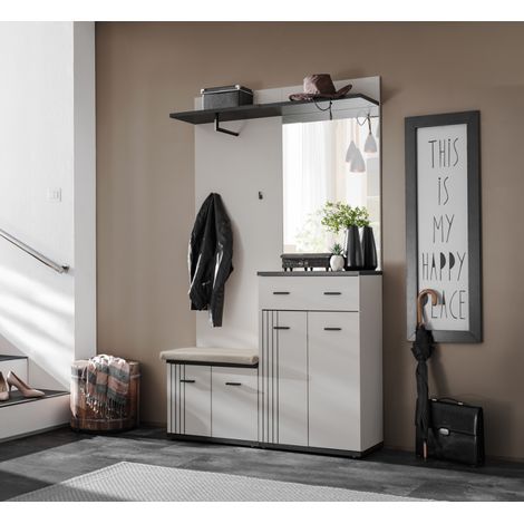 Ensemble meuble d'entrée Hugo II avec miroir et coussin d'assise - Bois MDF cachemire et noir - 120 x 203 x 32 cm - Livraison gratuite (1/5)