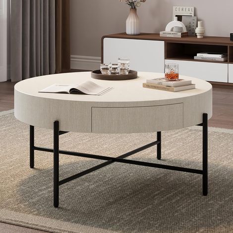 Table Basse Ronde Blanche avec 2 Tiroirs, Rangement, Pieds Métal (1/5)