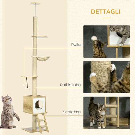Arbre pour chat en aggloméré, hauteur ajustable de 225 à 285 cm, 40x40 cm, inclut griffoir, cabane, hamac et balle. (1/5)