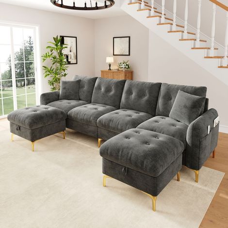 Canapé-Lit 263 x 137 x 85 cm 4 places forme en U modulaire 2 poufs de rangement 2 coussins décoratifs gris (1/4)