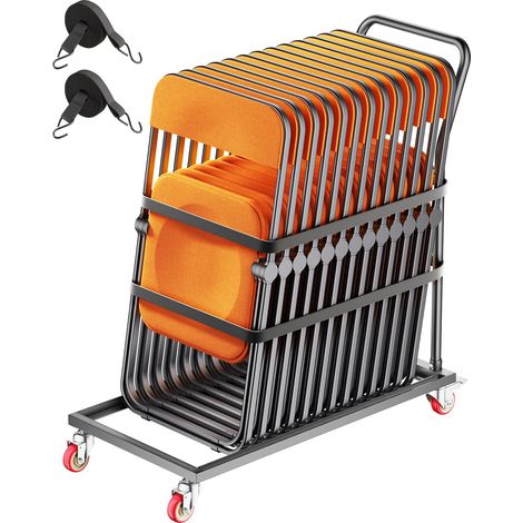 Chariot de Chaise Pliante, Capacité de Charge 136 kg, Support en Métal Robuste pour 25 Chaises, Organiseur de Rangement Vertical Forme en L avec Roulettes 360°, pour Salle à Manger, Noir Mat (1/5)