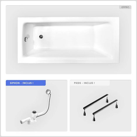 Baignoire rectangulaire - 140 x 70 cm - sans Habillage - avec Pieds - Vidage Chrome - TALIA