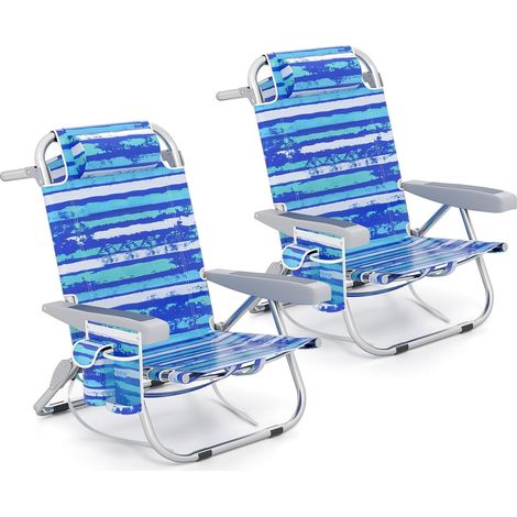 Chaise Longue, Chaise de Plage Pliable, 5 Positions Réglable, Porte-Gobelet, Porte-Serviette, Poches, Appui-tête, Sangles (Marine,2 pièce) (1/5)