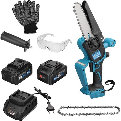 Motosierra inalámbrica de 6 pulgadas, sin escobillas, de 21 V, con dos baterías de 3,0 Ah, luz LED, tensor de cadena automático, depósito de aceite, ligera y portátil para cortar madera.